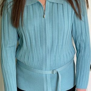 St. John Wide Rib Knit Jacket with Front Zip and Belt Blue SZ L